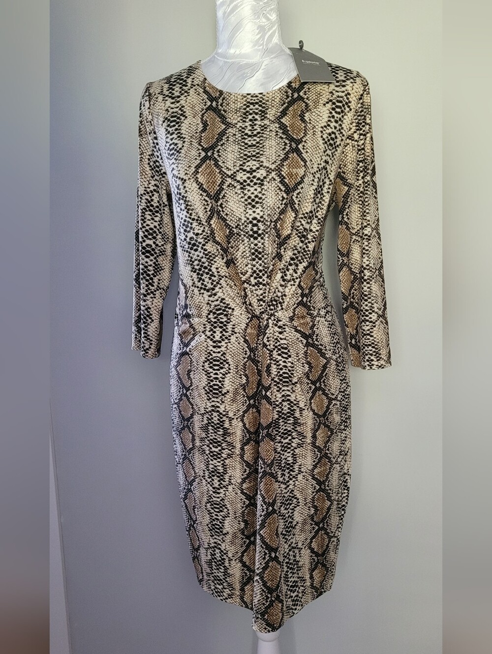 Snake-Print Three Quarter Sleeve Sheath Dress - Beige & Black